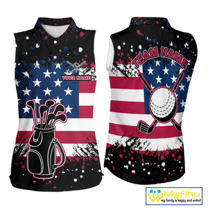 American Flag Black sleeveless golf polo shirts for ladies custom patriotic retro golf team shirts NQS10211