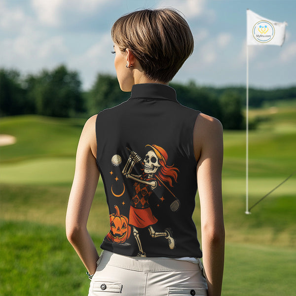 Black and Orange Skull golf sleeveless polo shirt for Women Custom Halloween Ladies golf outfit NQS10353