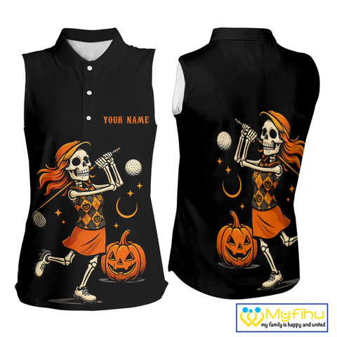 Black and Orange Skull golf sleeveless polo shirt for Women Custom Halloween Ladies golf outfit NQS10353