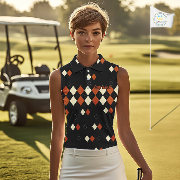 Black and Orange argyle plaid pattern Women sleeveless polo shirt custom Halloween ladies golf wear NQS10356