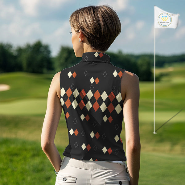 Black and Orange argyle plaid pattern Women sleeveless polo shirt custom Halloween ladies golf wear NQS10356