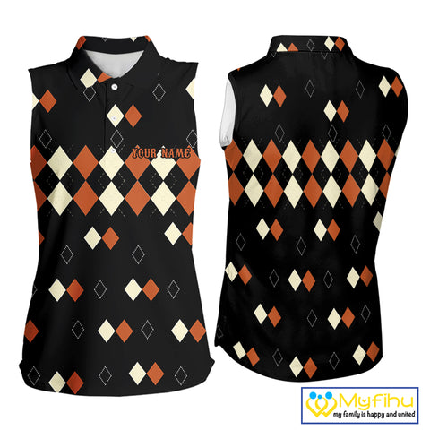 Black and Orange argyle plaid pattern Women sleeveless polo shirt custom Halloween ladies golf wear NQS10356