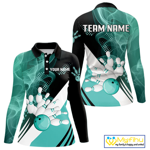 Women bowling polo, 1/4 zip shirts Custom cyan blue smoke bowling team jerseys, gift for Bowlers NQS10060