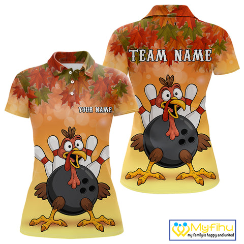 Custom Funny Turkey Bowling Shirt For Women, maple leaf pattern Thanksgiving Bowling Team Uniform NQS10368