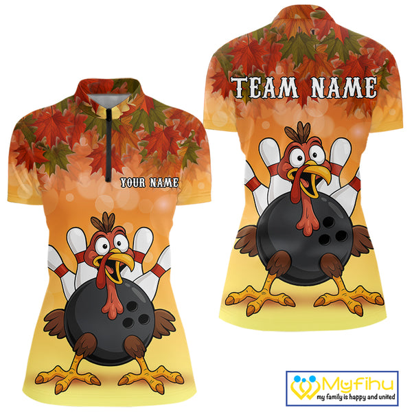 Custom Funny Turkey Bowling Shirt For Women, maple leaf pattern Thanksgiving Bowling Team Uniform NQS10368
