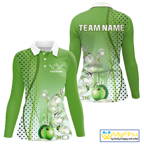 Women bowling polo, quarter zip shirts Custom bowling team jerseys, gift for Bowlers | Green NQS10072