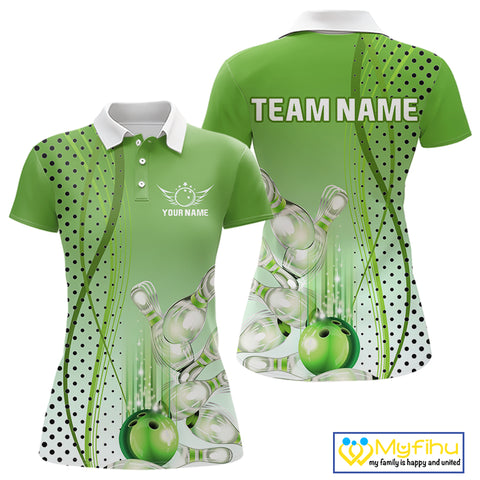 Women bowling polo, quarter zip shirts Custom bowling team jerseys, gift for Bowlers | Green NQS10072