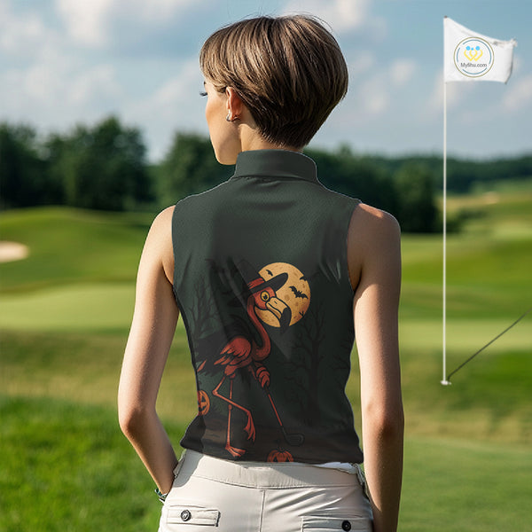 Halloween flamingo Women Sleeveless Polo Shirt custom Halloween golf top for ladies, unique golf gift NQS10378