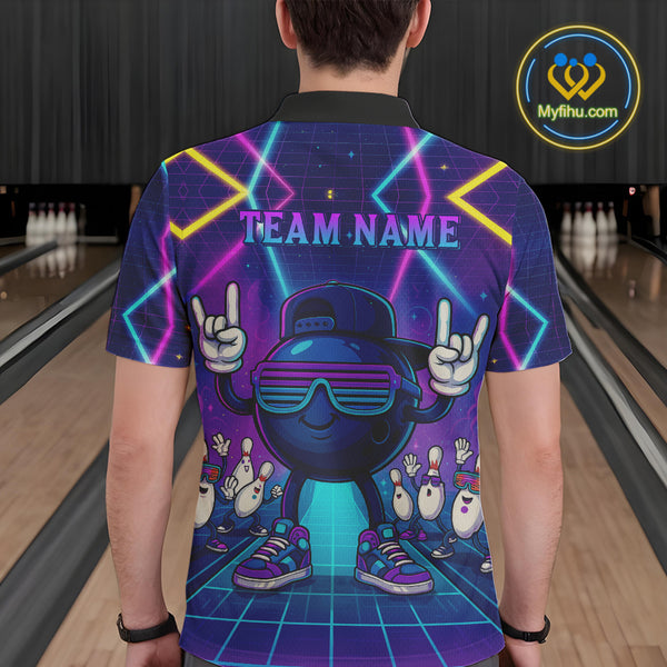Purple neon stage funny Bowling polo, quarter zip shirts for Men Custom funny bowling team shirts NQS10299
