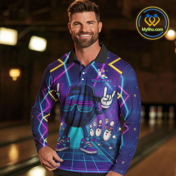 Purple neon stage funny Bowling polo, quarter zip shirts for Men Custom funny bowling team shirts NQS10299
