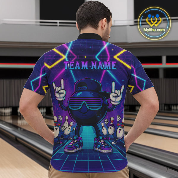 Purple neon stage funny Bowling polo, quarter zip shirts for Men Custom funny bowling team shirts NQS10299