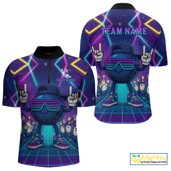 Purple neon stage funny Bowling polo, quarter zip shirts for Men Custom funny bowling team shirts NQS10299