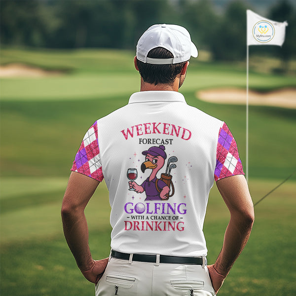 Pink & purple glitter argyle pattern Flamingo Men golf polo shirt Custom weekend forecast golf & wine NQS10325