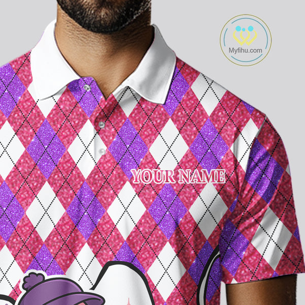 Pink & purple glitter argyle pattern Flamingo Men golf polo shirt Custom weekend forecast golf & wine NQS10325