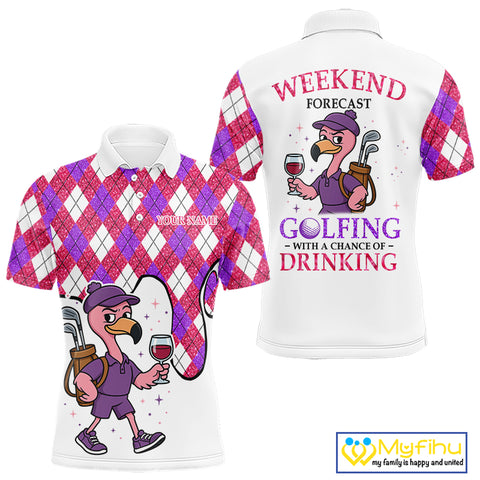 Pink & purple glitter argyle pattern Flamingo Men golf polo shirt Custom weekend forecast golf & wine NQS10325