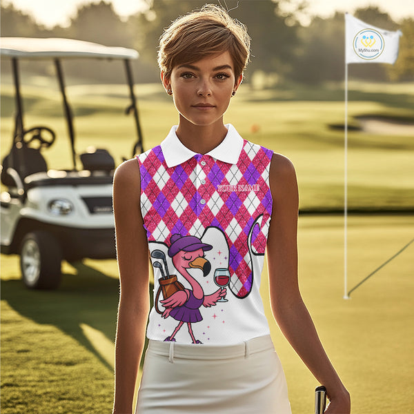 Pink purple glitter argyle pattern Flamingo sleeveless golf polos Custom weekend forecast golf & wine NQS10325