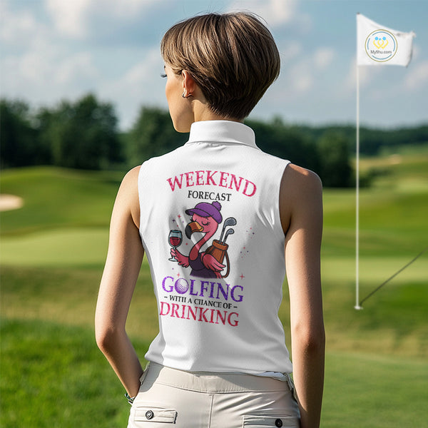 Pink purple glitter argyle pattern Flamingo sleeveless golf polos Custom weekend forecast golf & wine NQS10325