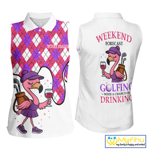Pink purple glitter argyle pattern Flamingo sleeveless golf polos Custom weekend forecast golf & wine NQS10325