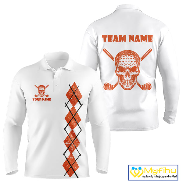 Orange argyle plaid pattern Skull White Golf polo shirts for men custom Halloween mens golf attire NQS10357