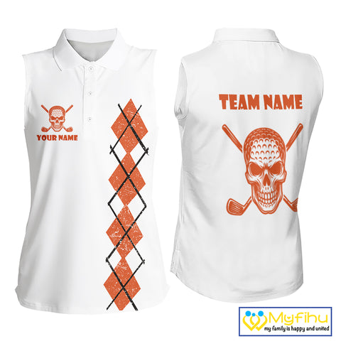 Orange argyle plaid pattern Skull White Sleeveless polo shirt custom Halloween ladies golf attire NQS10357