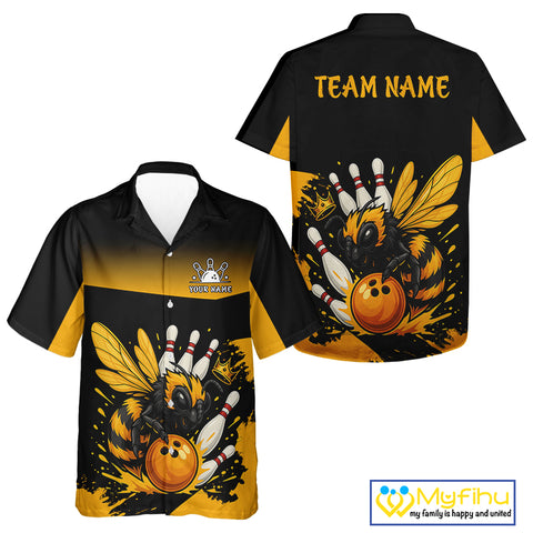 Custom Black and Yellow Bee Bowling Hawaiian Shirt, Bee Bowling Team Bowlers Outfit NQS10361