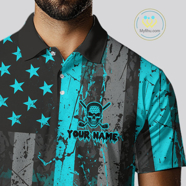 Custom Turquoise Grunge American Flag Patriotic Skull Golf Shirt For Men, Retro Mens Golf top NQS10481