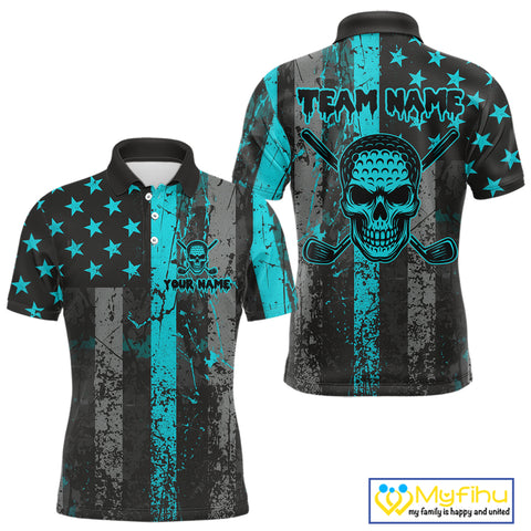 Custom Turquoise Grunge American Flag Patriotic Skull Golf Shirt For Men, Retro Mens Golf top NQS10481