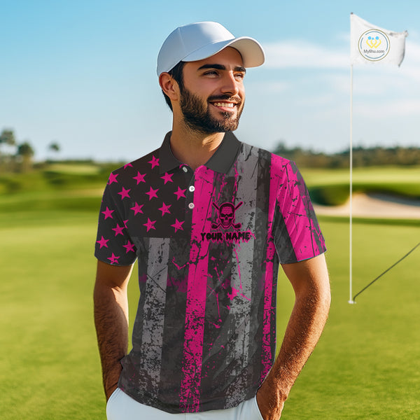 Custom Pink Grunge American Flag Patriotic Skull Golf Shirt For Men, Retro Mens Golf top NQS10482