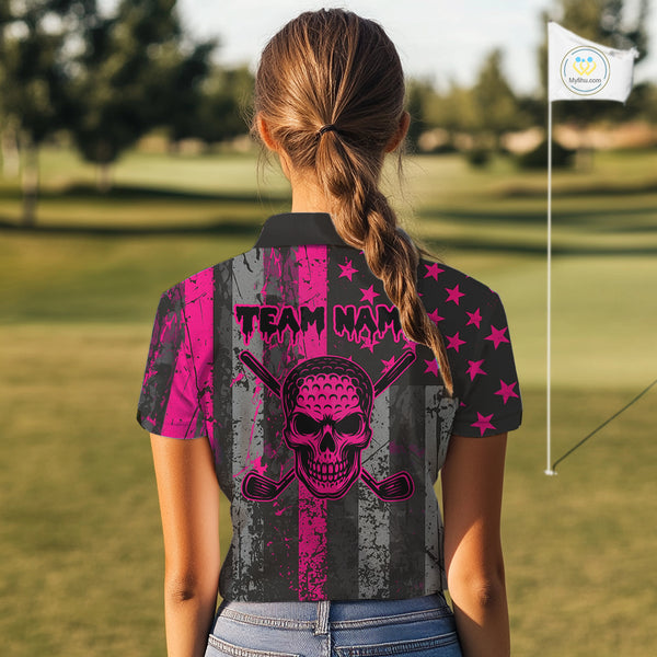 Custom Pink Grunge American Flag Patriotic Skull Golf Shirt For Women, Retro Ladies Golf top NQS10482