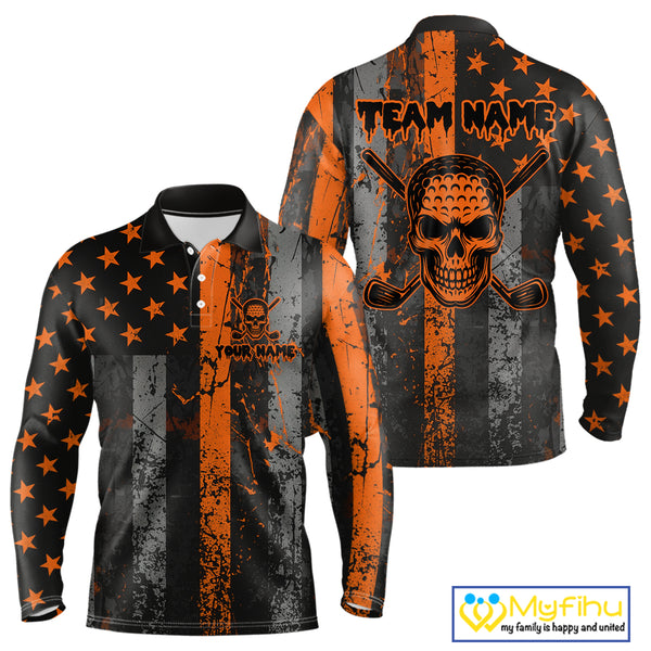 Custom Orange Grunge American Flag Patriotic Skull Halloween Golf Shirt For Men, Retro Mens Golf top NQS10483
