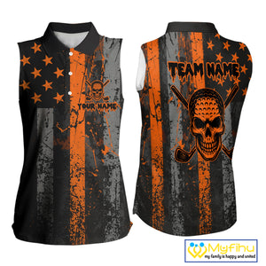 Custom Orange Grunge American Flag Patriotic Skull Halloween Sleeveless Polo Shirt, Retro Golf top NQS10483