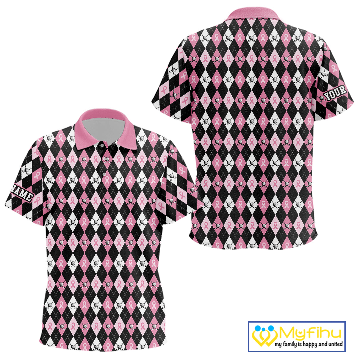 Black and Pink ribbons argyle pattern Kid golf polo shirt Custom Breast Cancer Awareness golf outfit NQS10513