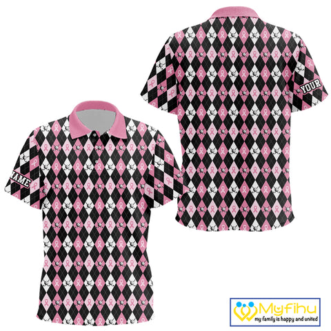 Black and Pink ribbons argyle pattern Kid golf polo shirt Custom Breast Cancer Awareness golf outfit NQS10513
