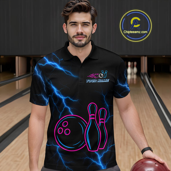Blue lightning thunder pink neon Bowling Polo, Quarter Zip Shirts For Men Custom Bowling Team Jersey NQS10181