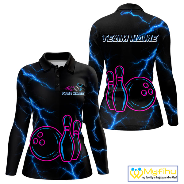 Blue lightning thunder pink neon Bowling Polo, Quarter Zip Shirt For Women Custom Bowling Team Jersey NQS10181