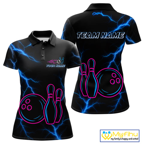 Blue lightning thunder pink neon Bowling Polo, Quarter Zip Shirt For Women Custom Bowling Team Jersey NQS10181
