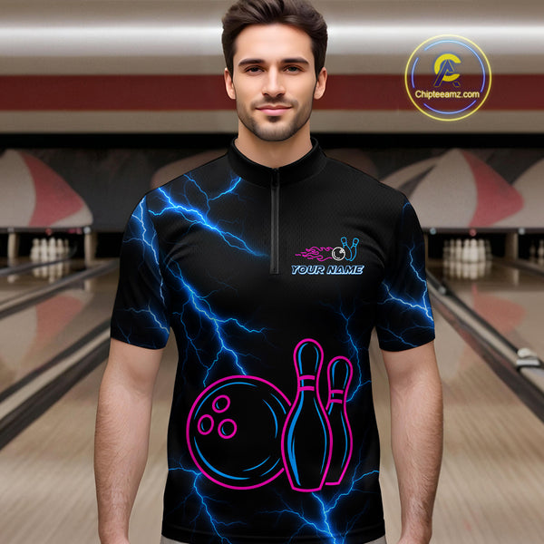 Blue lightning thunder pink neon Bowling Polo, Quarter Zip Shirts For Men Custom Bowling Team Jersey NQS10181
