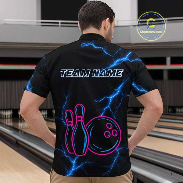 Blue lightning thunder pink neon Bowling Polo, Quarter Zip Shirts For Men Custom Bowling Team Jersey NQS10181