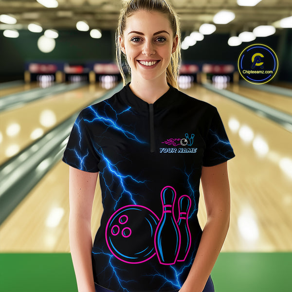 Blue lightning thunder pink neon Bowling Polo, Quarter Zip Shirt For Women Custom Bowling Team Jersey NQS10181