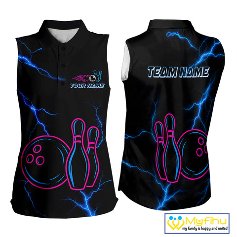 Blue lightning thunder pink neon Bowling sleeveless Polo shirt Custom Bowling Team Jerseys NQS10181