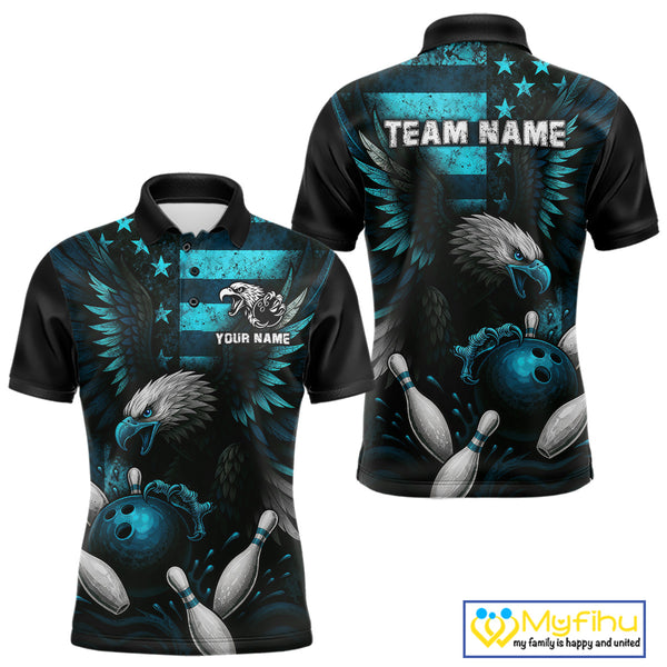 Custom Turquoise Vintage Us Flag Patriotic Eagle Bowling Shirt For Men, Retro Bowling Team Jerseys NQS10477