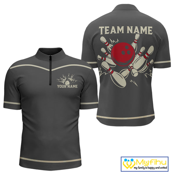 Custom Retro Bowling Polo, Quarter Zip Shirt for Men Personalized Vintage Team Bowling Jersey NQS10505