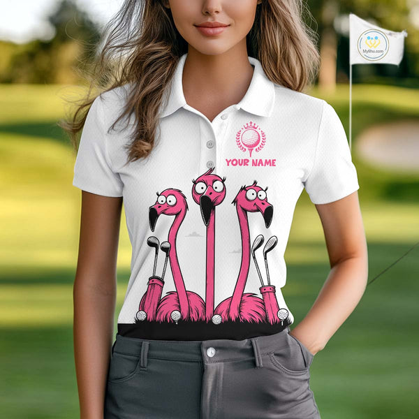 Funny pink flamingo friends white Women golf polo shirts Custom flamingo golf outfits for ladies NQS10201