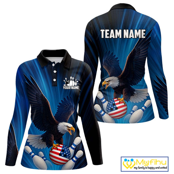 Blue Light Eagle American Flag Women Bowling Polo, 1/4 Zip Shirt Custom Patriotic Team Bowling jersey NQS10350