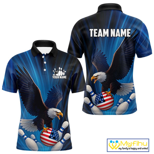Blue Light Eagle American Flag Men's Bowling Polo, 1/4 Zip Shirt Custom Patriotic Team Bowling jersey NQS10350