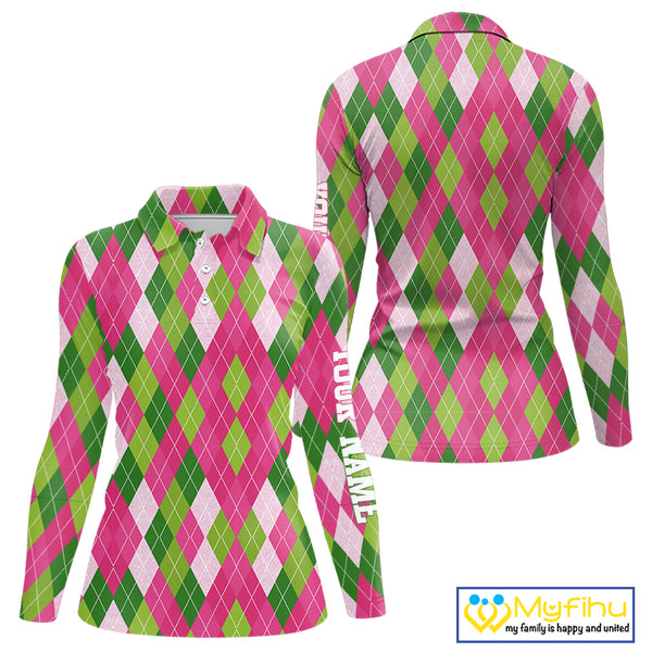Pink and Green argyle pattern Women golf polo shirt custom golf jerseys, personalized golf apparel NQS10408