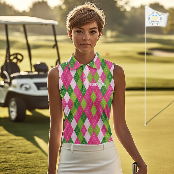 Pink and Green argyle pattern Women Sleeveless polos custom golf jerseys, personalized golf apparel NQS10408