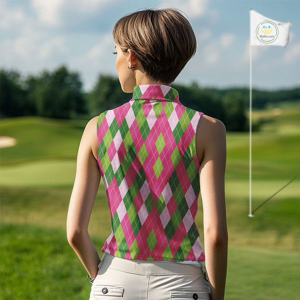 Pink and Green argyle pattern Women Sleeveless polos custom golf jerseys, personalized golf apparel NQS10408