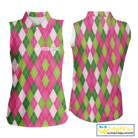Pink and Green argyle pattern Women Sleeveless polos custom golf jerseys, personalized golf apparel NQS10408