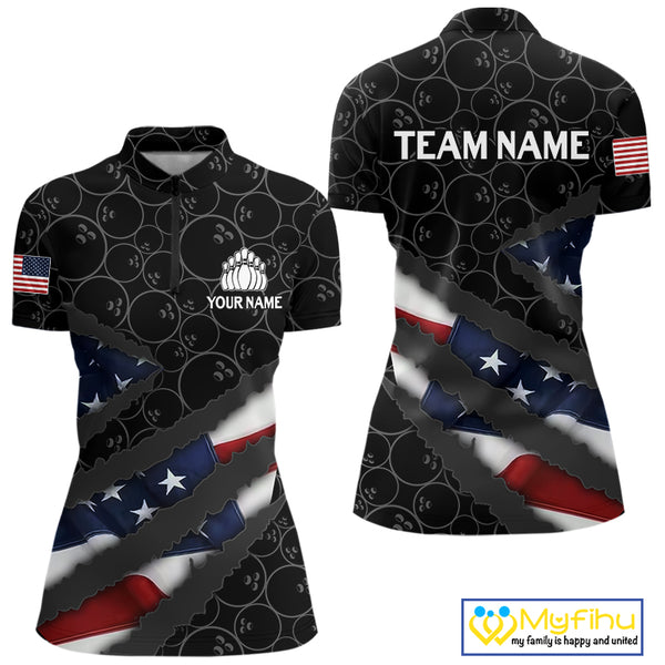 American Flag Women Bowling Shirt Custom Bowling Jersey for Team Patriotic Bowler Polo, 1/4 zip Shirt NQS10427